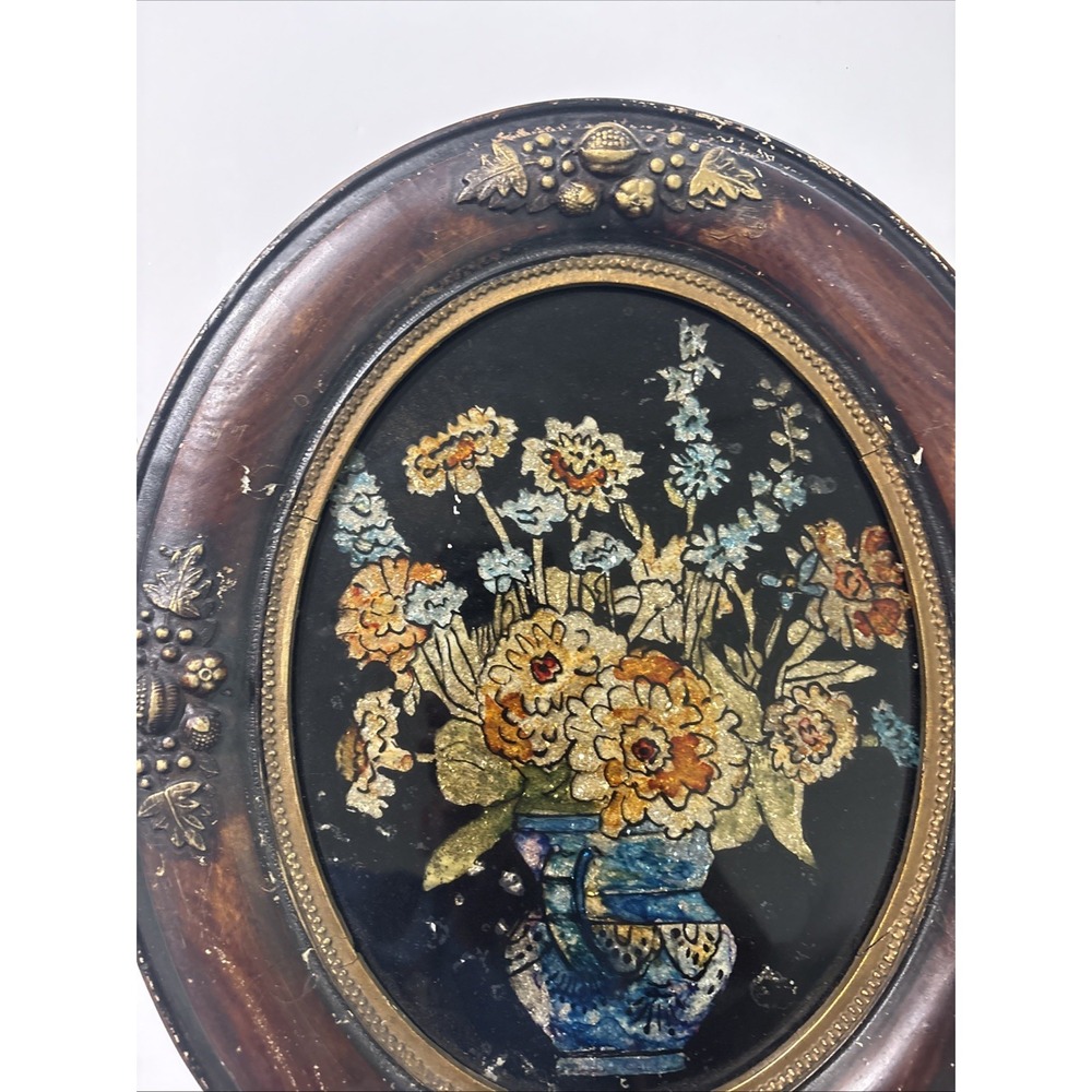 Antique Victorian Style Reverse Painted Glass With Foil Accents Well Framed - Picture 6 of 6